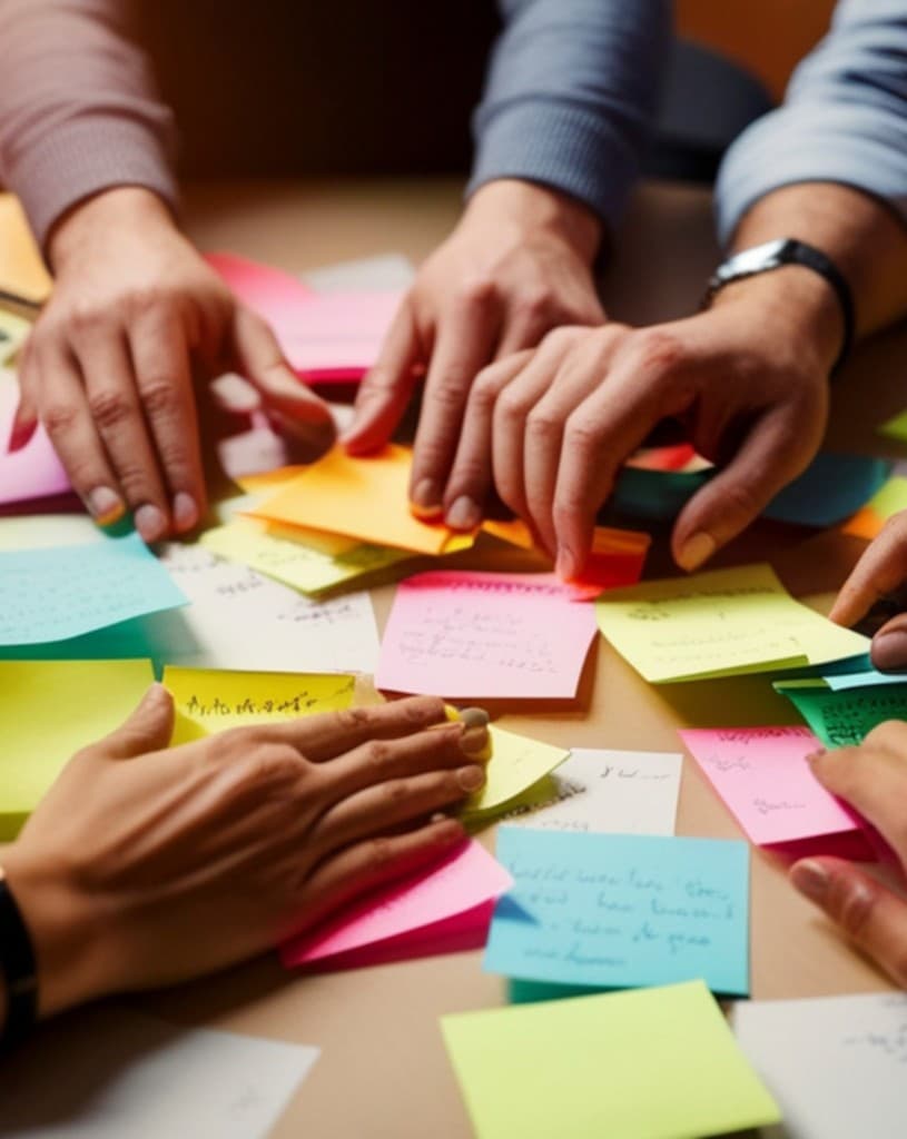 Hands arranging colourful sticky notes on a table